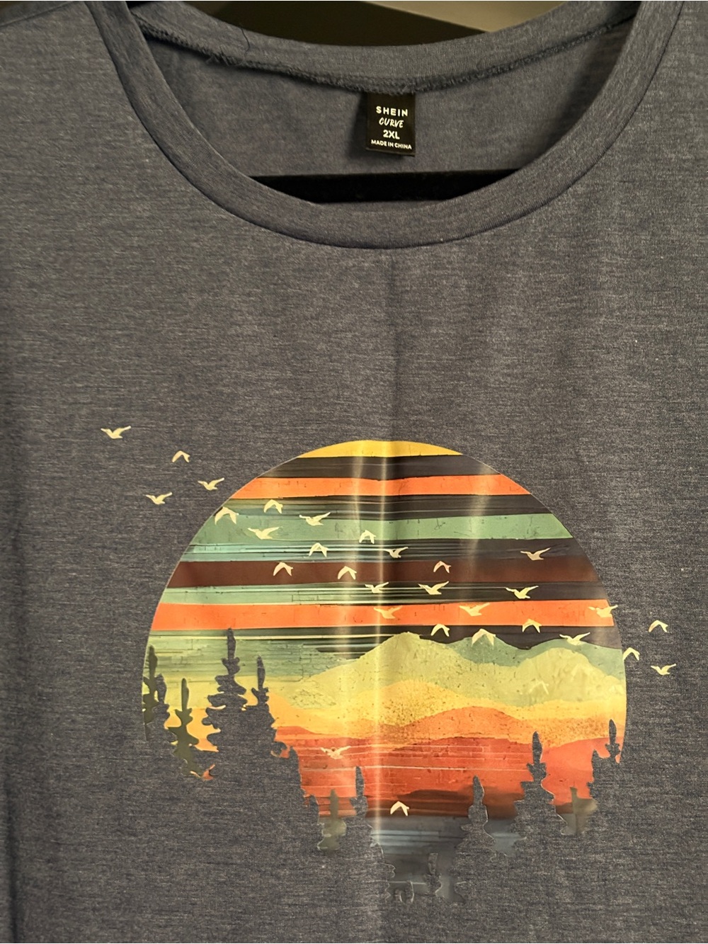 SHEIN Navy Short Sleeve Graphic Tee with Sunset Mountain Print